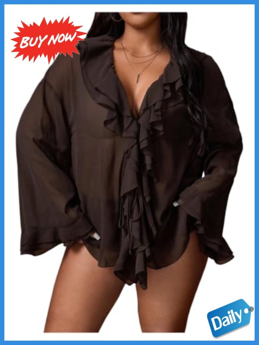 Womens Plus Size Ruffle Blouse Chiffon Bell Sleeve V Neck Loose Fit Top